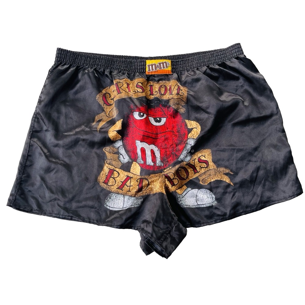 Vintage M&M's Boxer Shorts XXL 44-46 Black Satin Candy Print Lounge Sleepwear